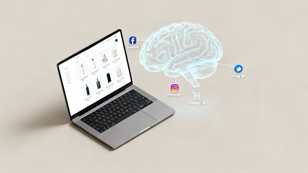 A laptop displaying an e-commerce website, connected to a glowing brain graphic with social media and shopping cart icons.