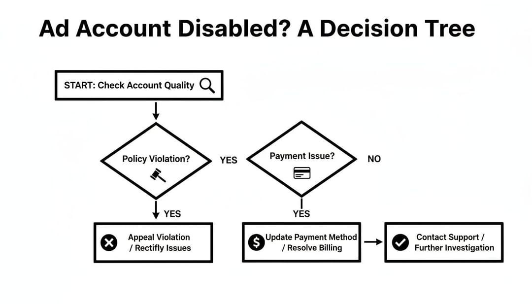 Decision tree flowchart illustrating steps to troubleshoot and resolve a disabled ad account, covering policy violations and payment issues.