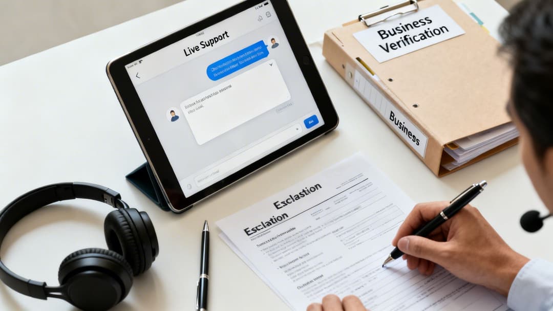 A customer support agent writes on a form with a live chat on a tablet and business verification folders.