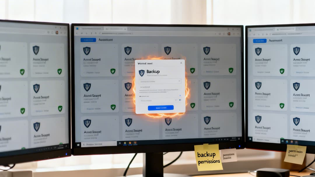 Three computer monitors display a web application, featuring a glowing 'Backup' dialog and sticky notes.