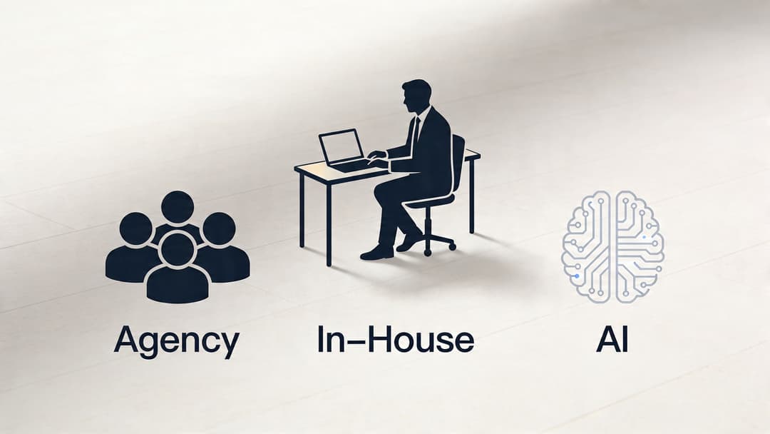 A conceptual graphic illustrating three business approaches: agency, in-house team, and artificial intelligence integration.