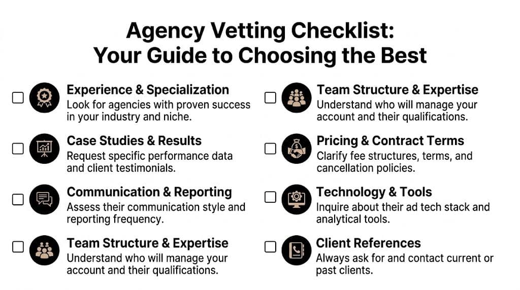 An agency vetting checklist infographic outlining key criteria for choosing the best professional marketing agency.
