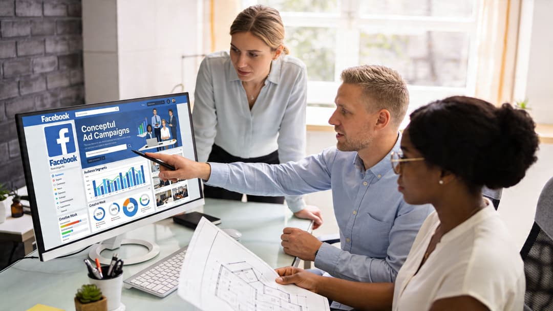 A professional marketing team reviewing Facebook advertising campaign data on a desktop computer screen.