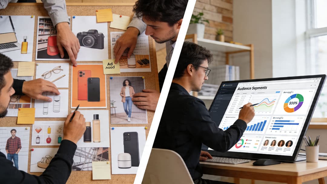 A professional team collaborating on a marketing project using a creative corkboard and digital analytics dashboard.