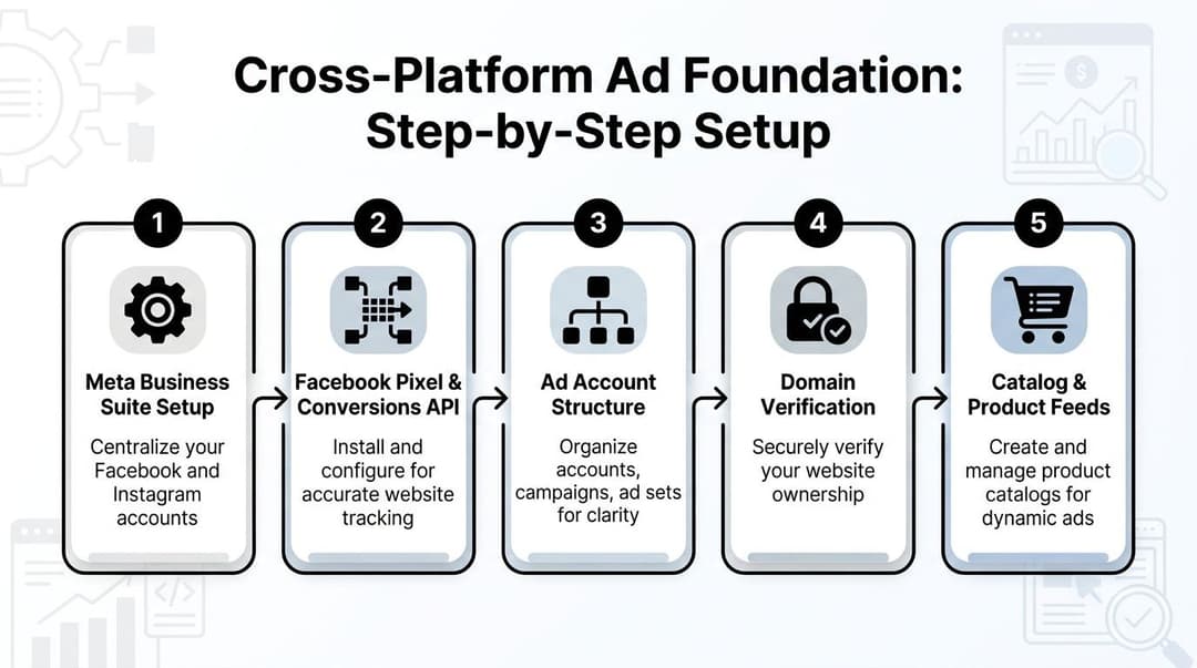 A five-step infographic showing the process for setting up a cross-platform advertising foundation for Meta business.