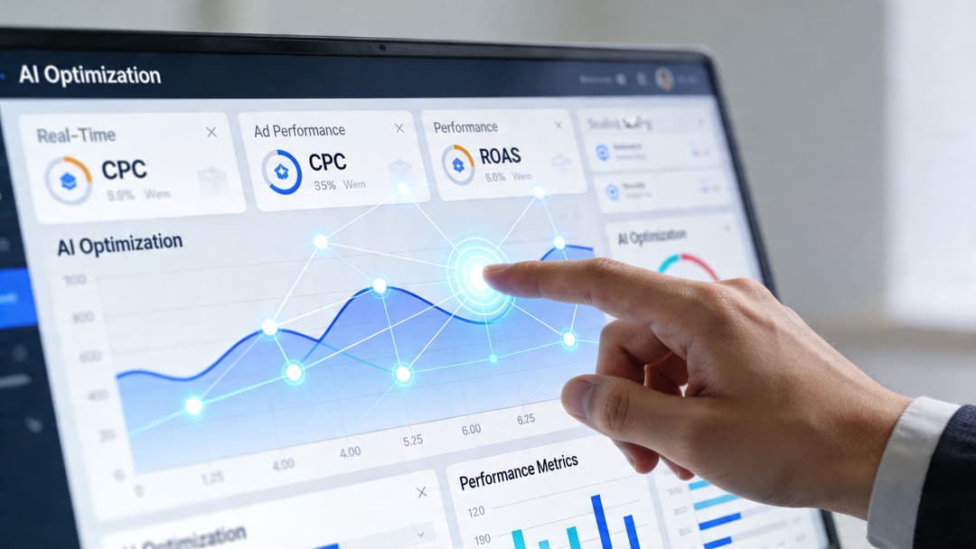 A professional analyzing AI-driven facebook ads and instagram campaign performance data on a digital touch screen dashboard.