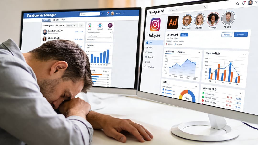 A tired man resting his head on a desk in front of dual monitors showing marketing analytics software.