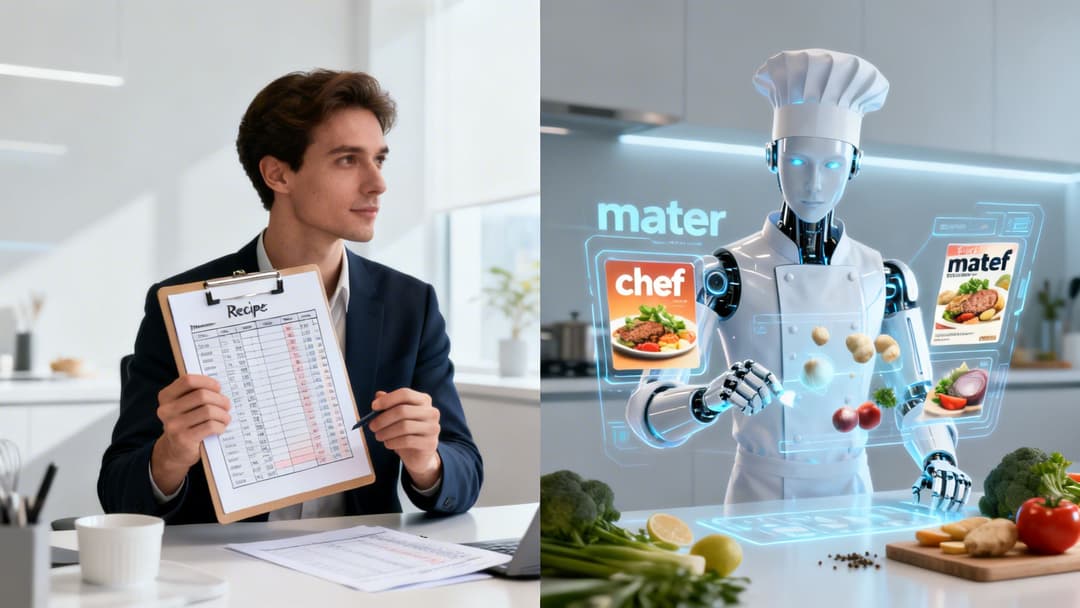 A man reviews a recipe, while a robot chef prepares virtual ingredients using holographic displays.