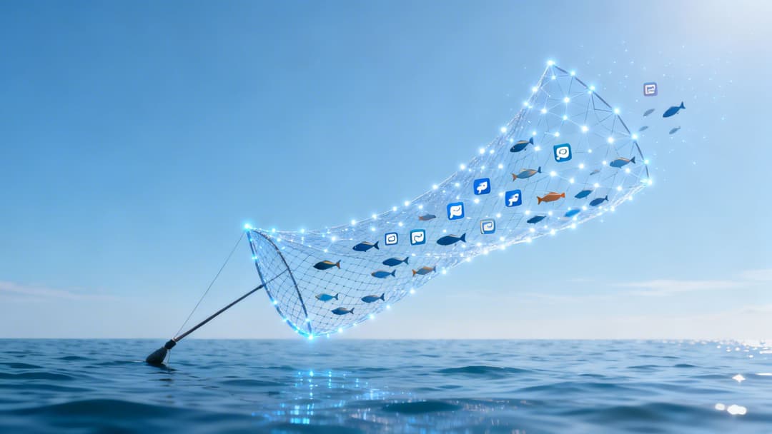 A glowing digital net emerges from the ocean, catching social media icons and fish.