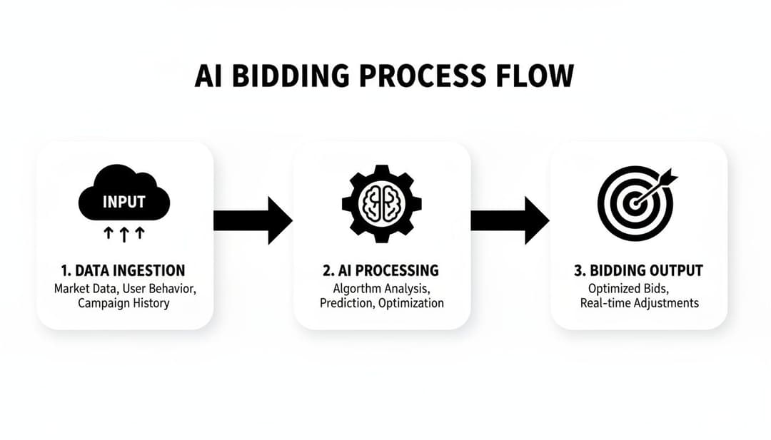 Diagram illustrating the AI bidding process flow from data ingestion to optimized bidding output.