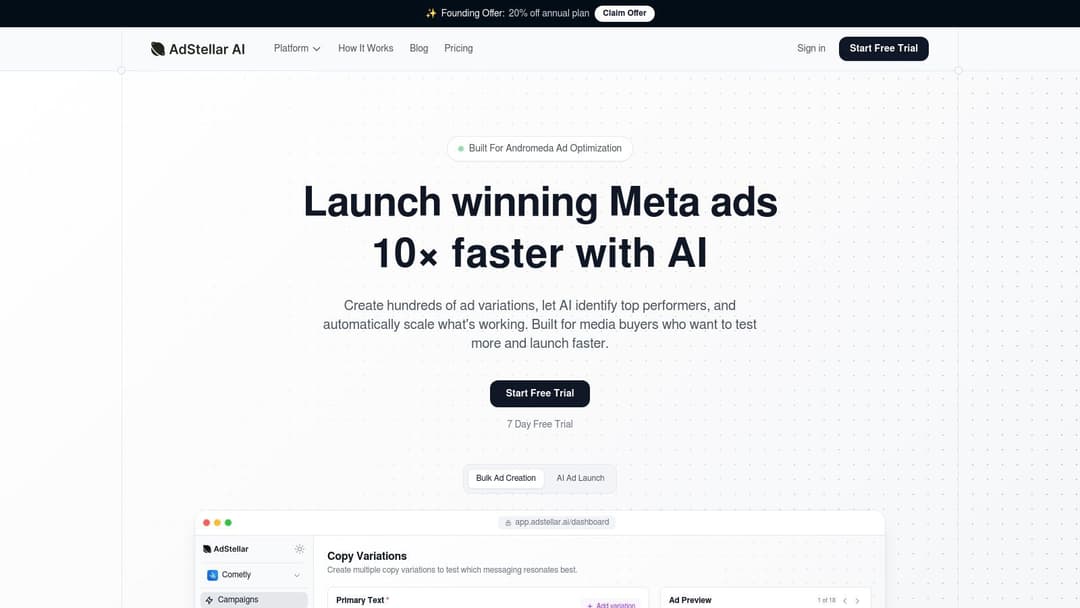 AdStellar AI platform showing campaign performance metrics