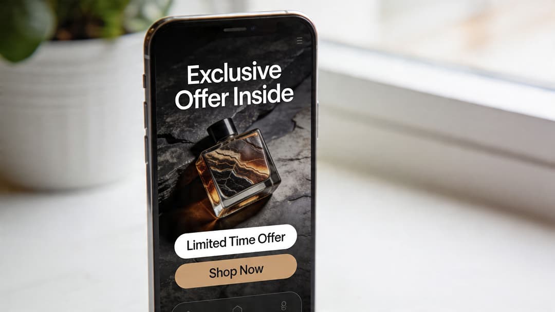 A smartphone screen displaying a promotional advertisement for a luxury perfume with a limited time offer button.