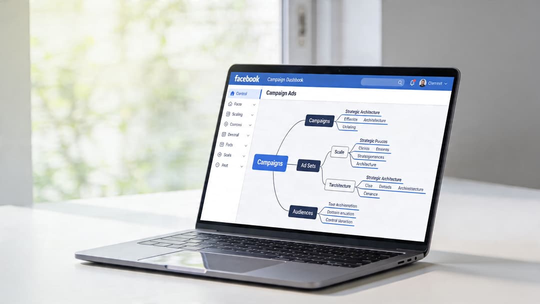 A laptop open on a white desk displaying a mind map about Facebook advertising campaign strategy.