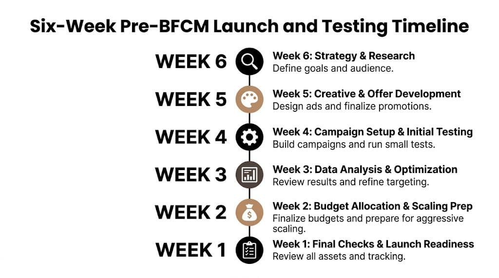 A six-week timeline infographic outlining pre-BFCM marketing launch and testing steps from strategy to final readiness.