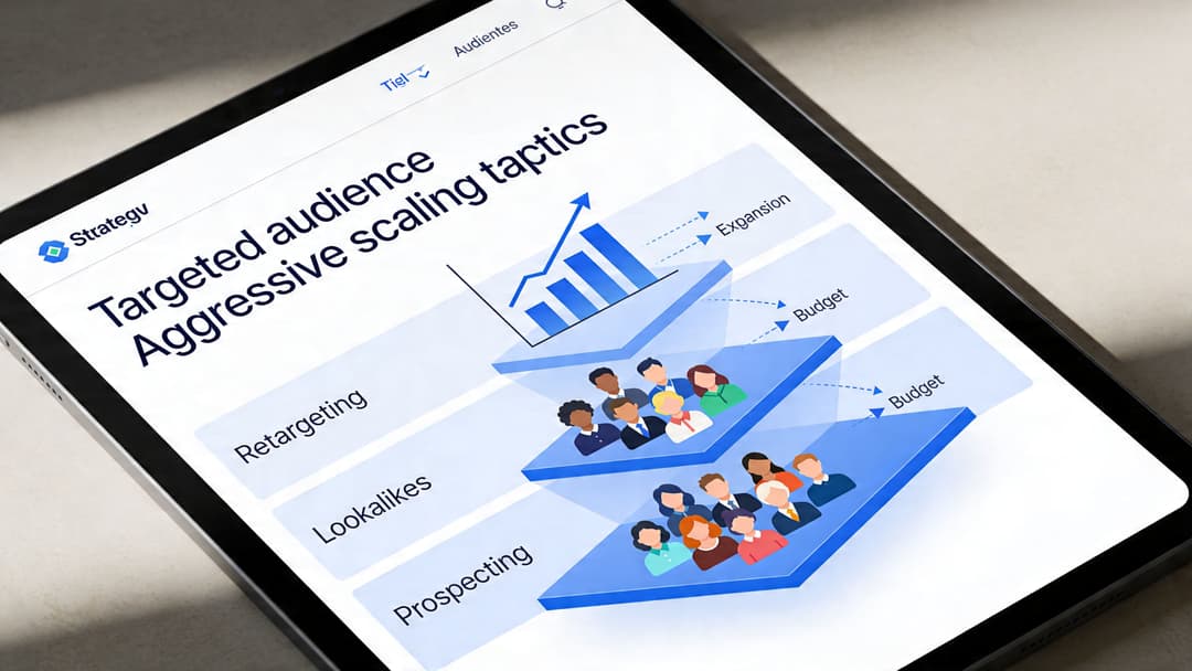 A tablet screen displaying a marketing presentation graphic showing audience scaling tactics with a funnel diagram.