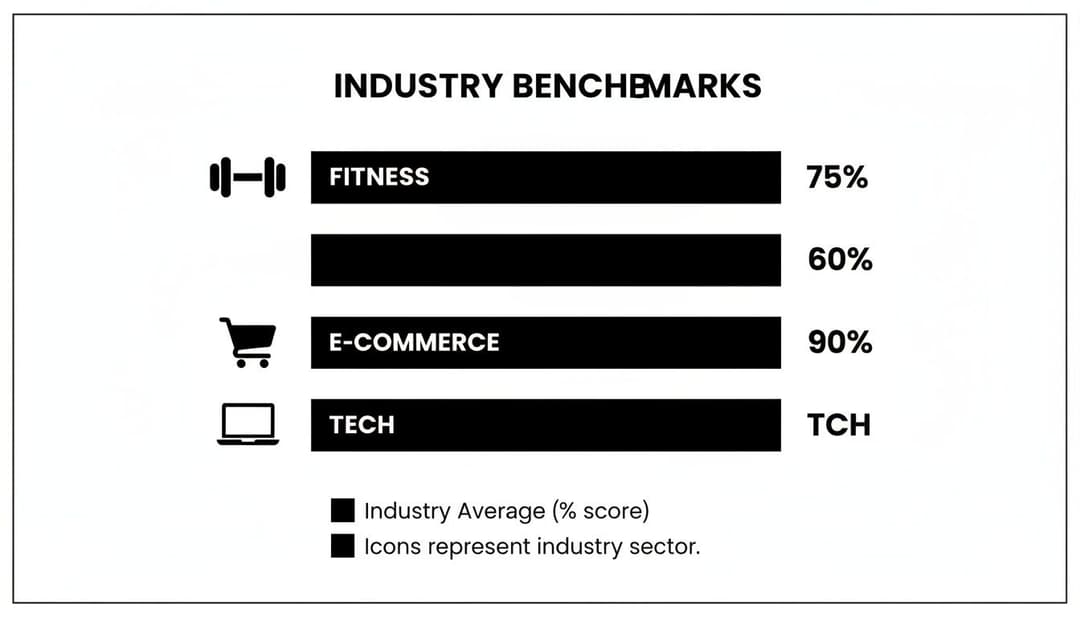 Infographic displaying industry benchmarks for fitness, e-commerce, and tech with percentage scores.