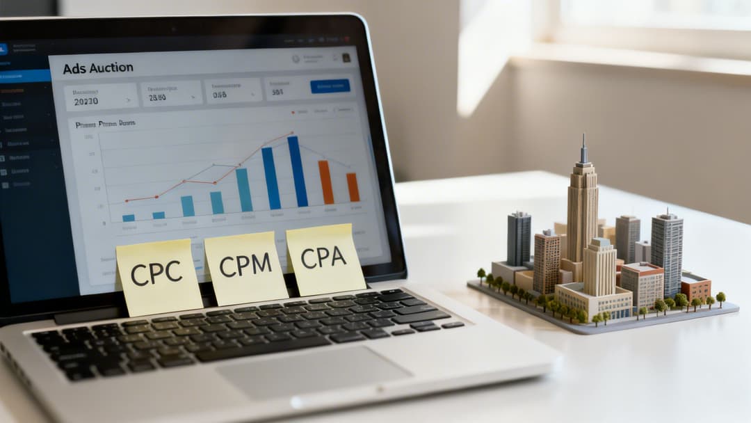 Laptop displaying an 'Ads Auction' dashboard with 'CPC', 'CPM', 'CPA' sticky notes and a cityscape model.