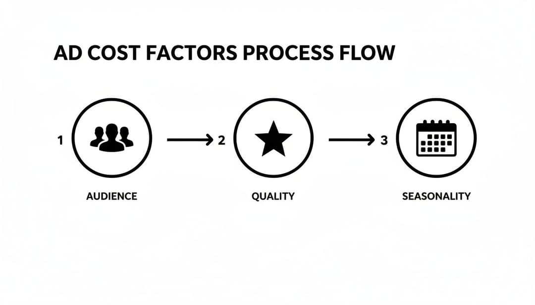 A flow chart explaining ad cost factors: audience, quality, and seasonality, with numbered steps.