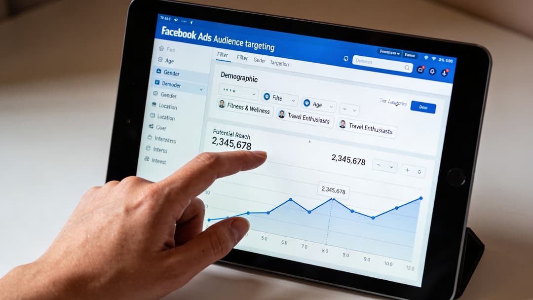 A person pointing at a tablet displaying a Facebook Ads audience targeting interface with demographic data.
