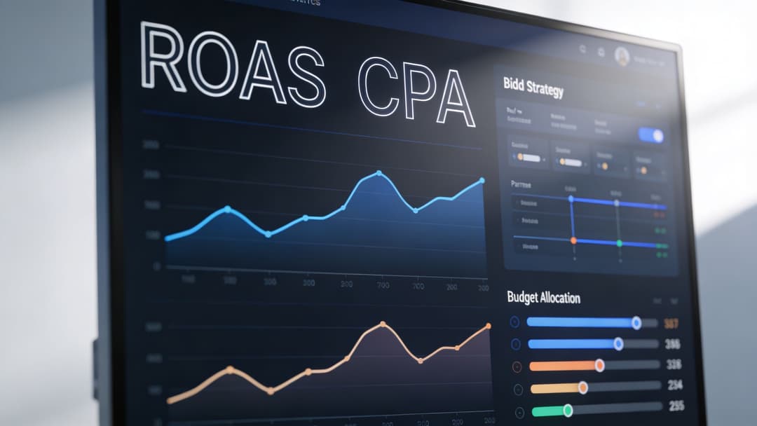 A digital analytics dashboard screen displaying marketing performance metrics like ROAS, CPA, and budget allocation for e-commerce campaigns.