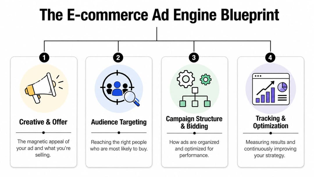A diagram titled The E-commerce Ad Engine Blueprint showing four essential steps for effective online advertising campaigns.