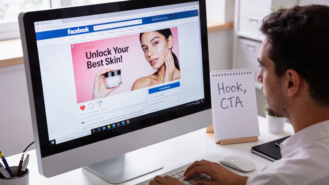 A professional man using a computer to create and optimize Facebook advertisements for an e-commerce skincare brand.