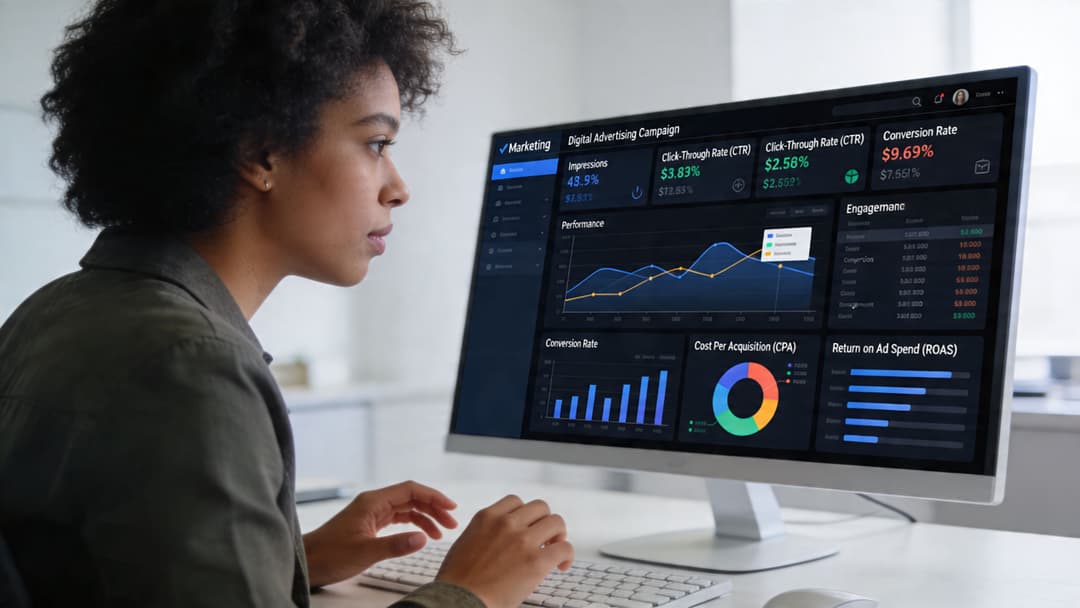 A professional woman working at a computer screen displaying a detailed digital marketing analytics dashboard.