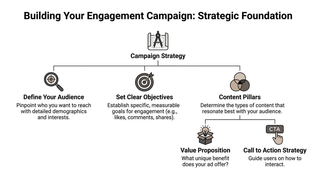 A strategic diagram titled Building Your Engagement Campaign showing steps like defining audience, setting objectives, and content pillars.
