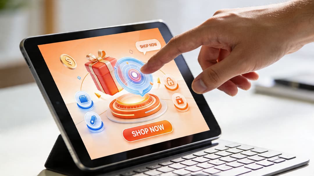 A person uses their finger to tap a digital shopping interface on a tablet screen.
