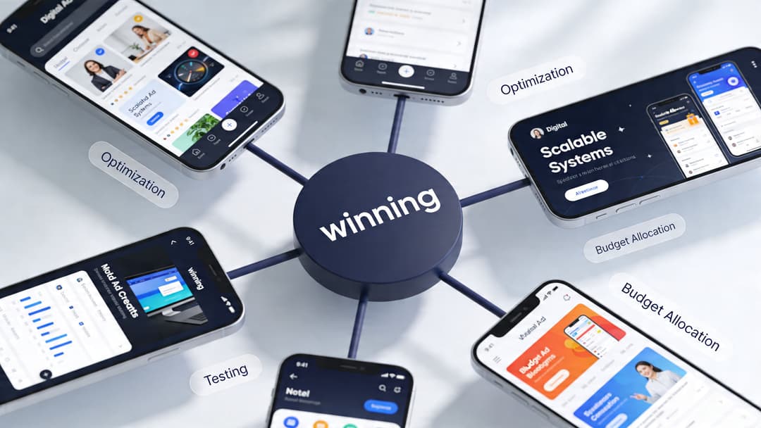 A central Winning hub connecting five smartphones displaying various digital marketing and advertising management app interfaces.