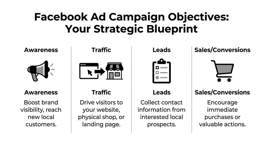 A strategic blueprint diagram detailing the four main Facebook ad campaign objectives: Awareness, Traffic, Leads, and Sales/Conversions.
