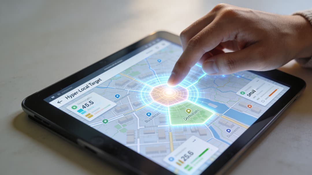 A person using a digital tablet to visualize hyper-local targeted advertising zones on an interactive map.