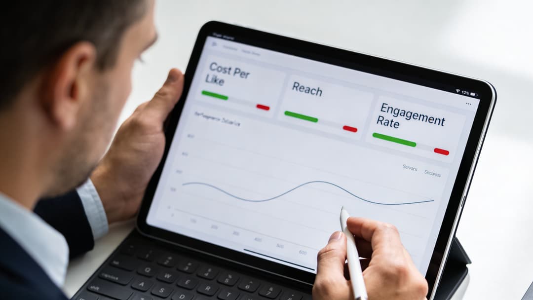 A professional analyzing social media advertising performance metrics on a tablet with a stylus.