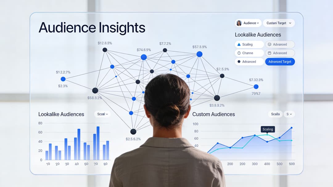 A businesswoman analyzing complex audience insights and marketing data on a futuristic digital display screen.