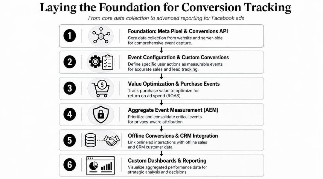 A six-step infographic showing the process of building a foundational conversion tracking system for Facebook ads.