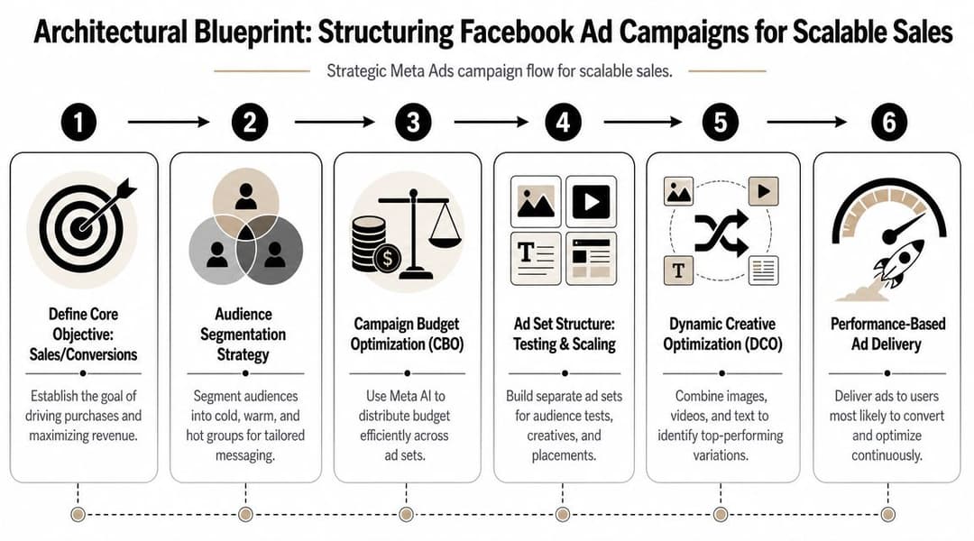 A six-step architectural blueprint infographic illustrating the process of structuring Meta ads for scalable sales.