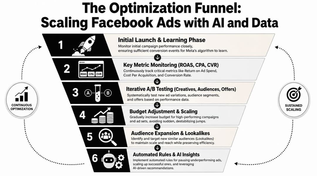 A six-step funnel diagram explaining the process of scaling Facebook ads using data and AI optimization.