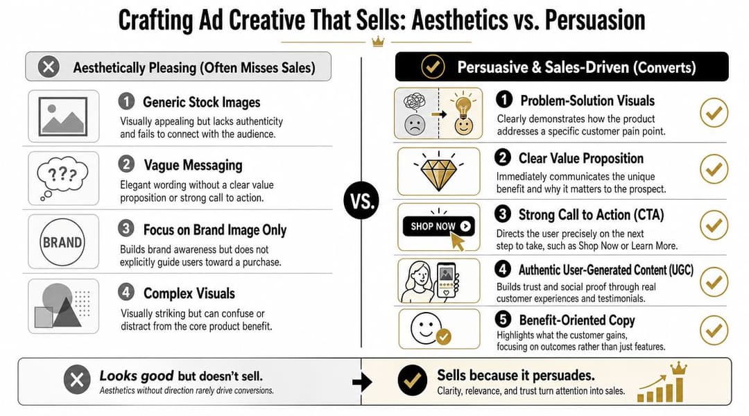 A comparison infographic showing how persuasive advertising elements outperform purely aesthetic visuals for driving sales conversions.