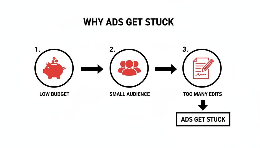Flowchart illustrating three key reasons why digital ads get stuck: low budget, small audience, and too many edits.