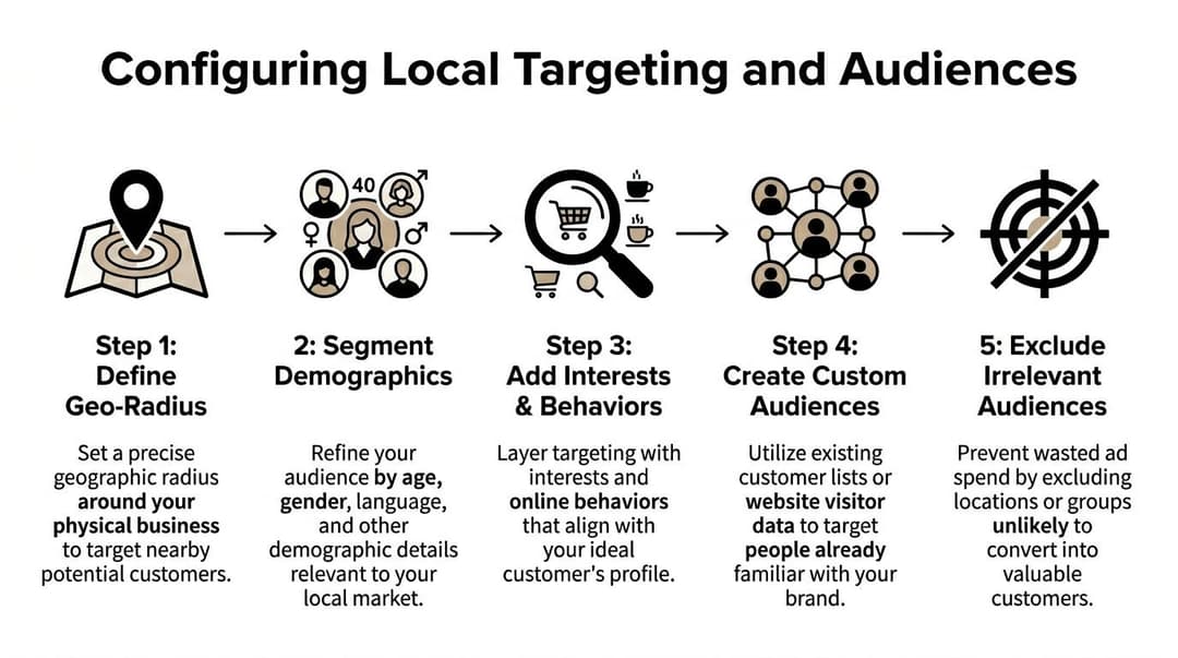 A five-step infographic showing how to configure local targeting and audiences for digital advertising campaigns.