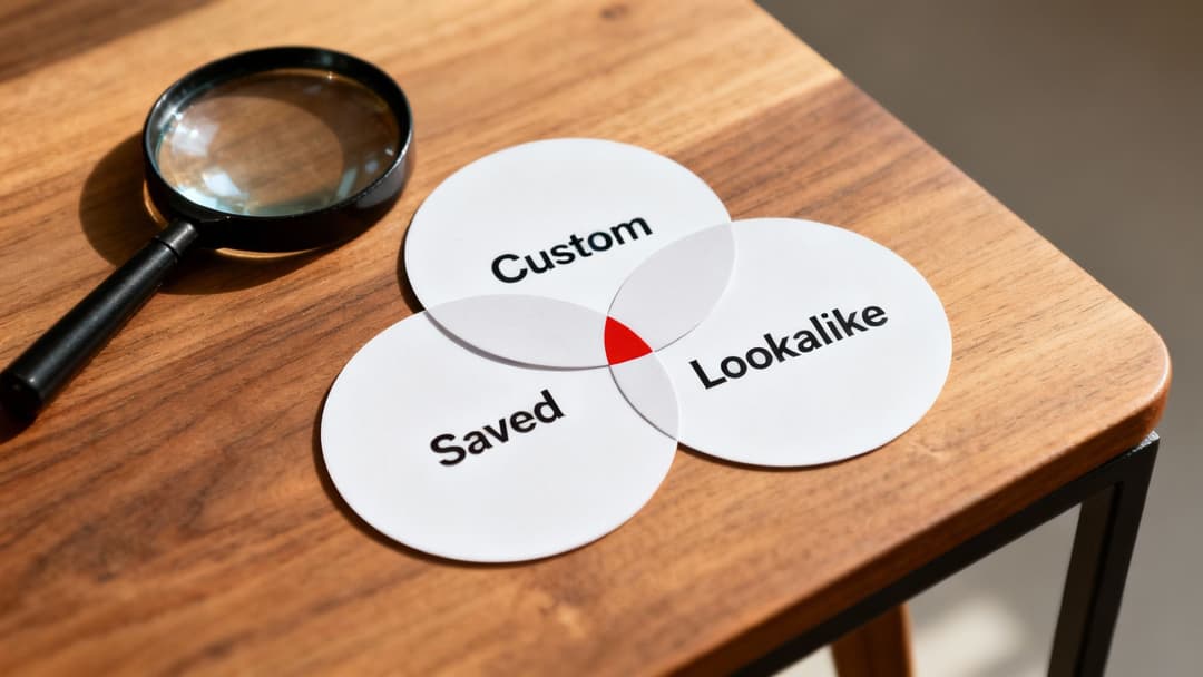 A magnifying glass lies beside a Venn diagram illustrating 'Custom', 'Lookalike', and 'Saved' audience segments.