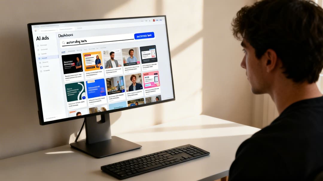 A man focused on a computer screen displaying an AI ads dashboard with various ad templates.