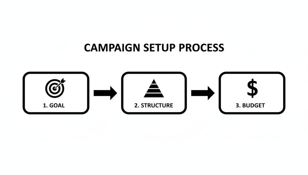 Diagram illustrating a campaign setup process with three key steps: Goal, Structure, and Budget.