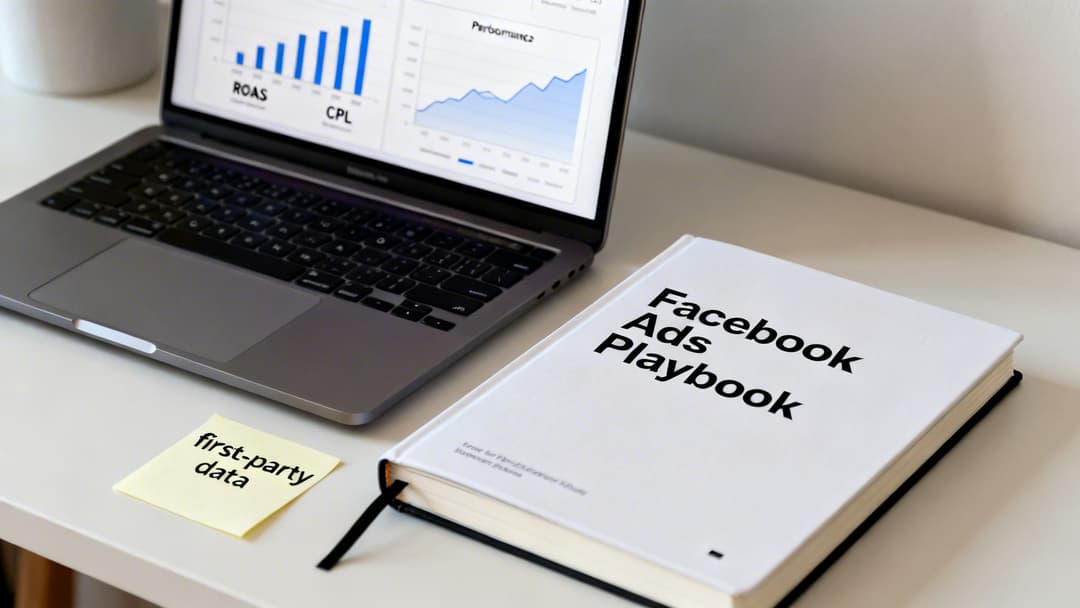 A laptop shows ad performance graphs next to a 'Facebook Ads Playbook' and a 'first-party data' sticky note.