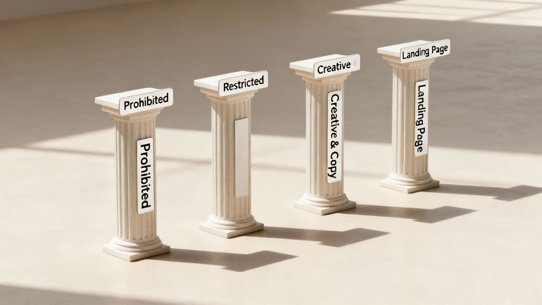 Four pillars illustrating Facebook ad policy categories: Prohibited, Restricted, Creative & Copy, and Landing Page.