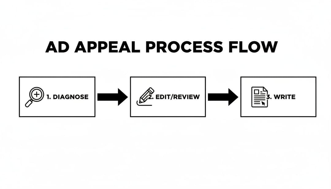 A flowchart visually outlining the ad appeal process flow with three steps: diagnose, edit/review, and write.