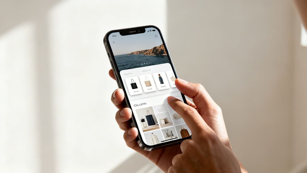 Close-up of a hand holding a smartphone showcasing a fashion e-commerce app with product listings.
