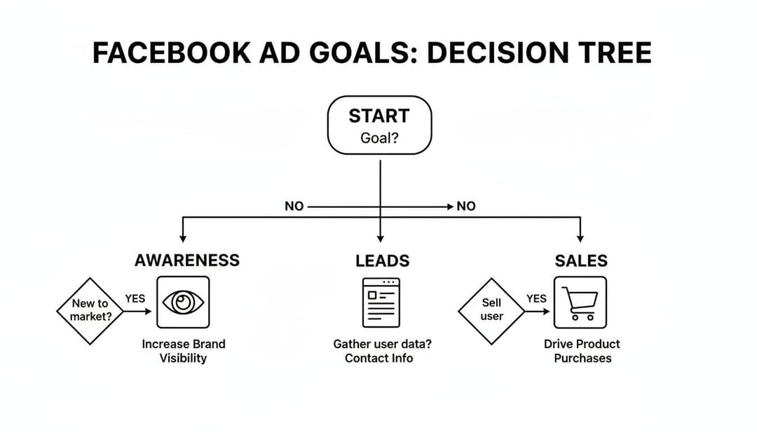 A decision tree illustrating Facebook Ad Goals: Awareness, Leads, and Sales, with their objectives.