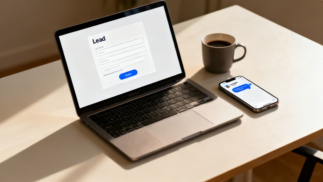 A modern workspace with a laptop displaying a 'Lead' form, a coffee cup, and a smartphone on a desk.