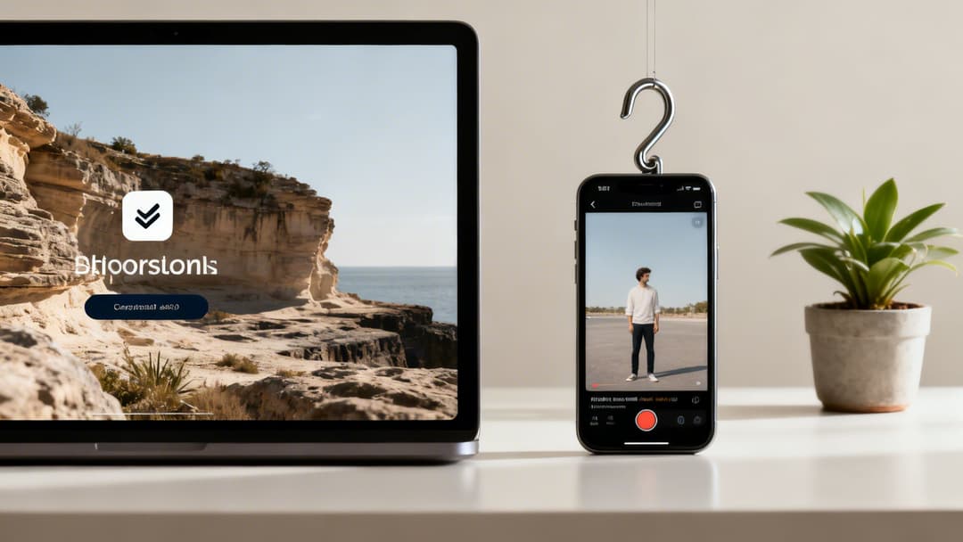 A modern desk setup featuring a laptop displaying a coastal website and a smartphone showing a man, with a plant.